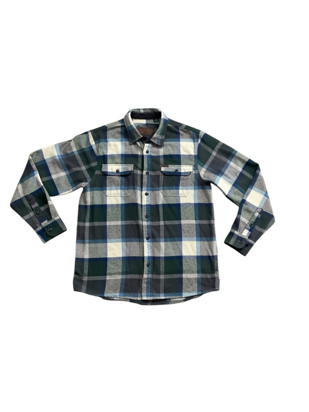 Orvis Plaid Flannel Shirt Mens Medium Blue Green Button Front Pockets